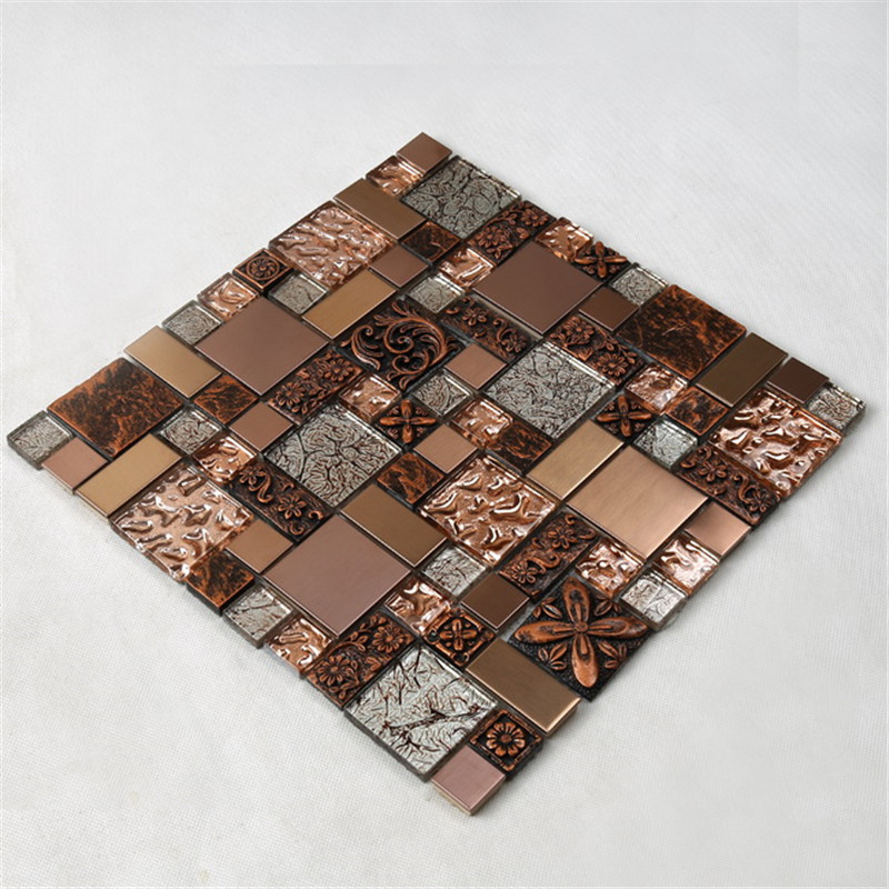 HXL09 Azulejos de mosaico de vidrio de acero inoxidable, oro, cobre, acero inoxidable para baño y cocina