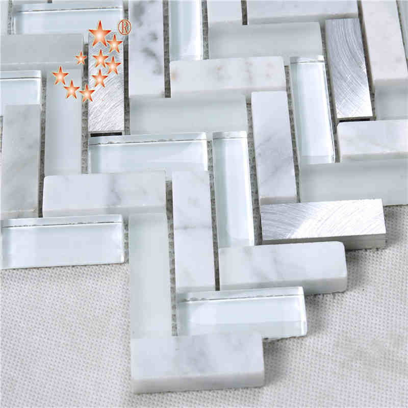 Teja de mosaico de cristal blanca de la forma de hoja ondulada de la raspa de arenque al por mayor para las paredes del cuarto de baño de la cocina