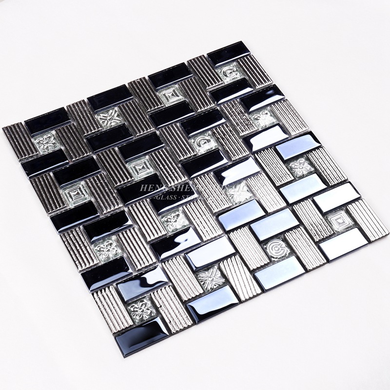 HDT01 12x12 Patrón Cuadrado Galvanoplastia Negro Brillante y Astilla Pared de Mosaico de Vidrio Iridiscente Azulejos Decorativos